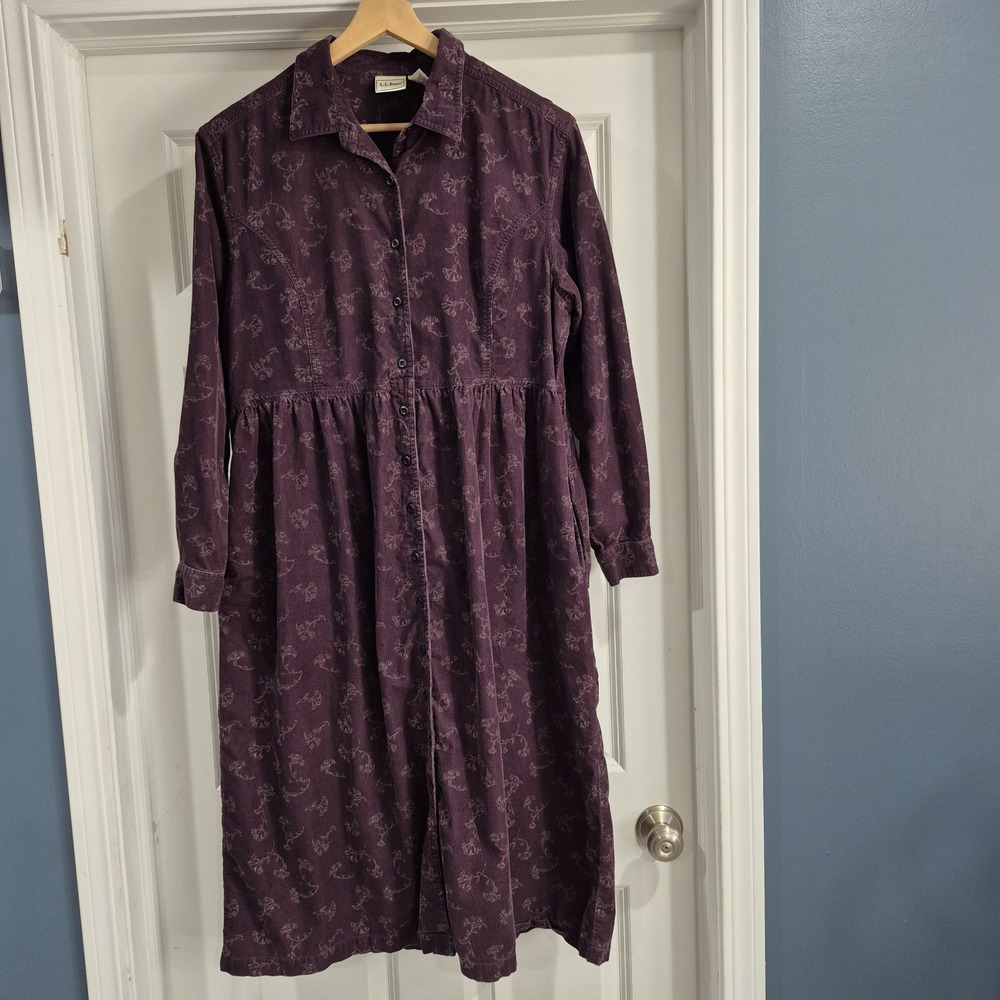 L.L. Bean Shirt Dress Womens 18 Petite Purple Corduroy Midi Modest Vintage 90s